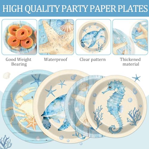 96Pcs Sealife Coastal Party Decorations Ocean Nautical Birthday Plates and Napkins Beach Turtle Starfish Seahorse Crab Paper Plates Disposable Tableware for Under the Sea Summer Coral Party Supplies - Image 3