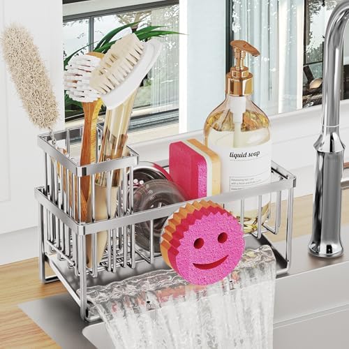 Sponge Holder for Kitchen Sink,Smiley Face Sink Caddy with Removable Brush Holder,Self-Draining Sponge Caddy for Soap,Dish Brush,Scrubber,Kitchen Essentials and Gadgets-Silver by Taugast