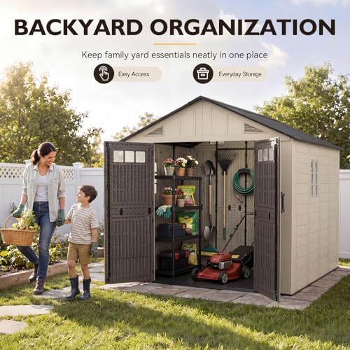 Aoxun 8x10 Ft Outdoor Storage Shed with Floor, Large Resin Outdoor Shed with Lockable Door & Windows, Garden HDPE Sheds for Lawn Tools, Pool Supplies & Bikes - Image 2