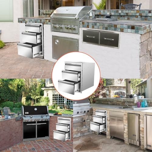 Outdoor Kitchen Drawers Stainless Steel Triple BBQ Drawers with Chrome Handle Flush Mount 18" W x 24" H x 23" D for Outdoor Kitchen Island Patio Grill Station - Image 6
