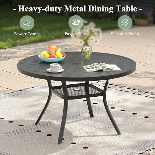 Outdoor Dining Table with Adjustable Umbrella Hole, 40.6" All-Weather Round Patio Dining Table for 4, Metal Patio Table with Storage Shelf for Garden Lawn Porch Deck Yard, Black - Image 7