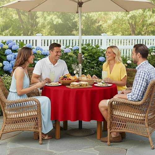 LUSHVIDA Round Outdoor Tablecloth with Umbrella Hole 70 Inch Red - Image 2