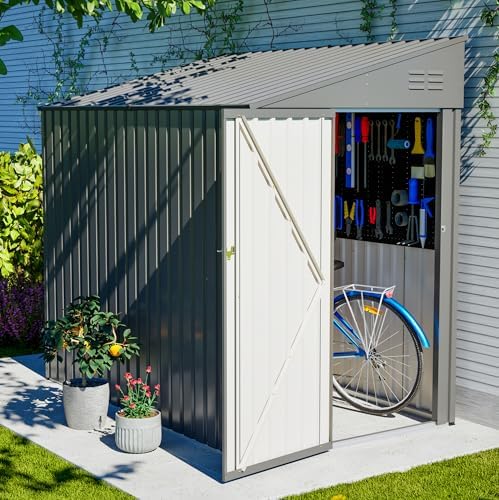 YOPTO 4x7 FT Outdoor Storage Shed Lean to Shed,Metal Shed W/Lockable Door & Air Vent,All Weather Waterproof Garden Tool House W/Reversible Installation,for Backyard,Patio,Lawn,Dark Gray by YOPTO