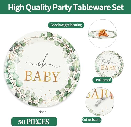 50 PCS Eucalyptus Baby Shower Paper Plates, 7Inch Greenery Oh Baby Dessert Plate Party Supplies Disposable Tableware Sets for Boys or Girls Gender Reveal Shower Party Decorations Favors - Image 3