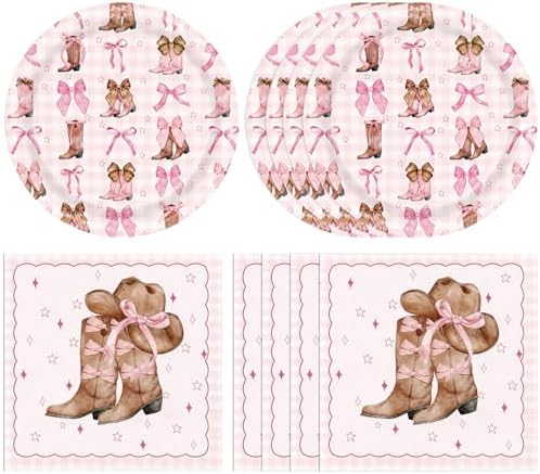 Coquette Bow Cowgirl Paper Plates Tableware Set 40PCS Western Cowgirl Birthday Party Supplies Pink Bowknot Boots Rodeo Bachelorette Party Plates and napkins for Wild West Baby Shower Decor by DURYGEN