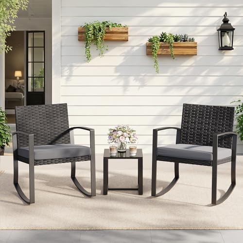 Qsun 3 Pieces Patio Furniture Set Rocking Bistro Set Outdoor Rattan Conversation with Coffee Table for Garden Balcony Backyard Poolside (Grey Cushion) - Image 6