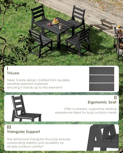 GREENVINES 5PCS Patio Dining Set, HDPE Square Table & 4 Side Chairs, Black - Image 5