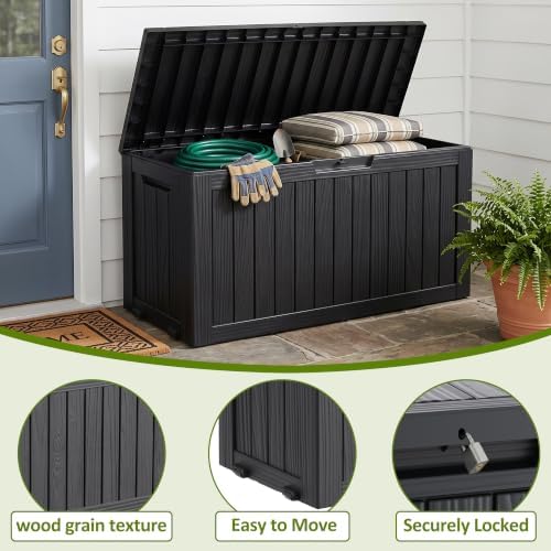 ROJIK 160 Gallon Outdoor Storage Box Waterproof,Weatherproof Deck Boxes Outdoor Lockable,Resin Outside Storage Box for Garden Tools, Accessories,Cushions(Black) - Image 4