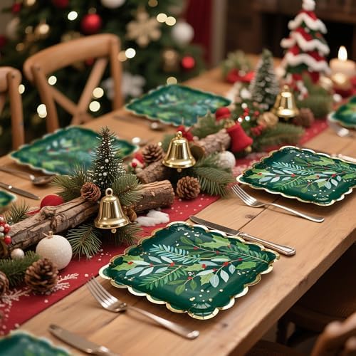 WRAPAHOLIC 25Pcs Christmas Paper Plates - 9 Inch Gold Foil and Green Holly Berry Disposable Plates Decorative Dinner Plates for Christmas Party Tableware Supplies Table Decor - Image 6