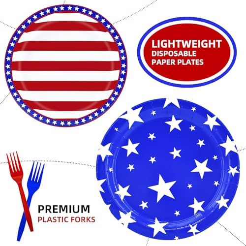 96 Pieces 4th of July Tableware Set – Patriotic Stars and Stripes Disposable Plates, Napkins, and Forks for Independence Day Party, BBQ, Picnic, and Memorial Day Celebrations – Serves 24 Guests - Image 3