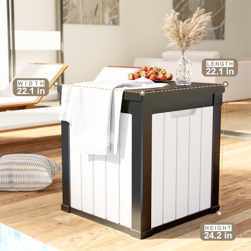ROJIK Outdoor Storage Housing Deck Box - Waterproof Patio Furniture, Garden Tools, Cushions, Pool Accessories Storage Bench with Lockable Lid and Side Handles (Black & Whiter, 50 Gal) - Image 2