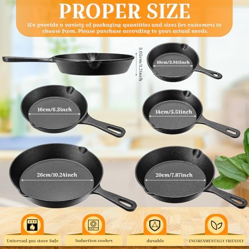 Vesici 5 Pcs Cast Iron Skillet Frying Pans with Drip-spouts Circle Non-stick Frying Skillet Omelette Pan Safe Healthy Cookware for Home Barbecue Kitchen Party Restaurant Catering Service (Mixed Size) - Image 6