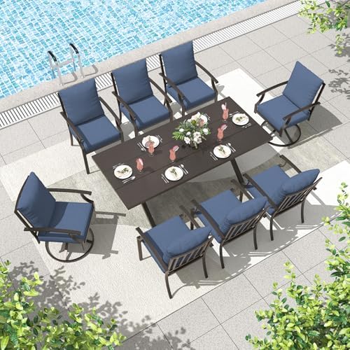ALAULM 9-Piece Patio Dining Table and Chairs for 8 Outdoor Dining Set with 2 Swivel Chairs Patio Dining Sets with Rectangular Metal Table with Umbrella Hole for Patio, Backyard, Garden-Dark Blue by ALAULM