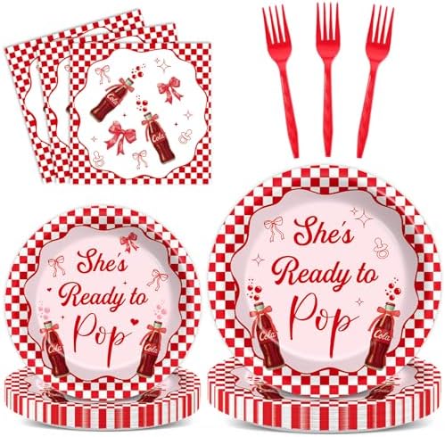 96 PCS She's Ready to Pop Party Paper Plates and Napkins Red White Checkered Bow Soda Pop for Baby Shower Gender Reveal Newborn Party SuppliesBirthday Gatherings Decorations by Oitnlaughter