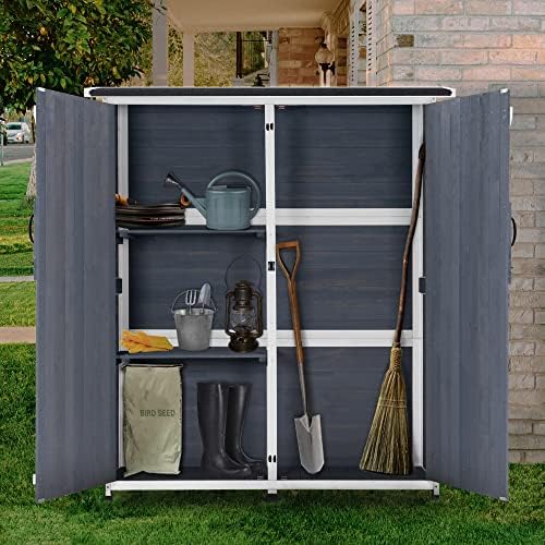 MCombo Outdoor Storage Cabinet with Shelves, Wood Garden Shed with Floor, Outside Tool Shed with 2 Lockable Doors for Backyard Patio Lawn, 1400 (Gray) - Image 3