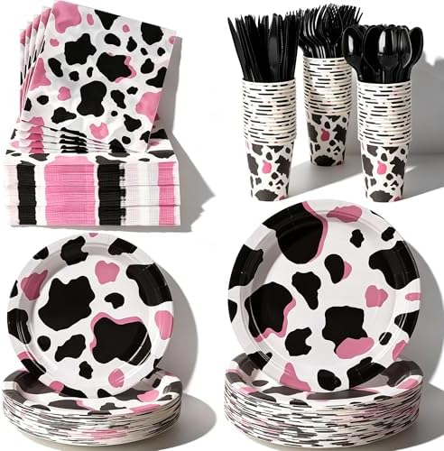 400 Pcs Disposable Pink Cow Print Tableware Set for 50 Guests by COSINIA
