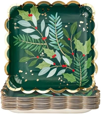 WRAPAHOLIC 25Pcs Christmas Paper Plates - 9 Inch Gold Foil and Green Holly Berry Disposable Plates Decorative Dinner Plates for Christmas Party Tableware Supplies Table Decor by WRAPAHOLIC
