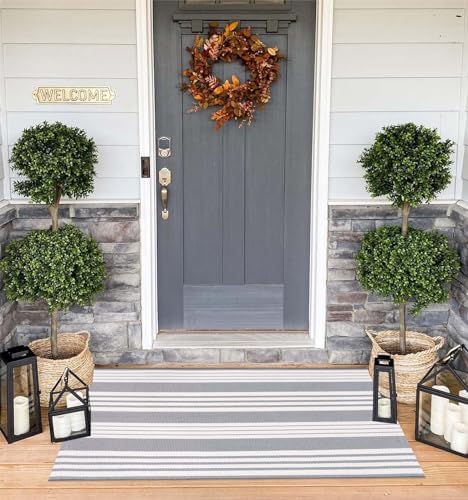 Grey and White Outdoor Rug 24"x51"Cotton Washable Striped Front Porch Rug - Image 6