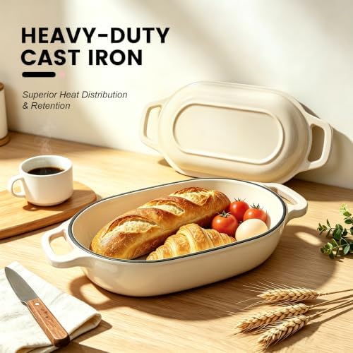Oval Cast Iron Dutch Oven, Sourdough Bread Baking Pan with Lid, White - Image 5