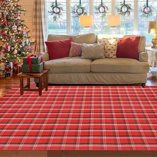 Christmas Red Green White Plaid Rug 8x10 ft, Extra Large Cotton Hand-Woven Buffalo Check Area Rug for Living Room, Bedroom, Patio, Christmas Holiday Farmhouse Decor, Washable Outdoor Indoor Carpet - Image 3