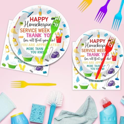 96Pcs Colorful Happy Housekeeping Week Paper Plates and Napkins We Appreciate You Disposable Tableware Thanks for All You Do Party Plate for 24 Guests Housekeepers Appreciation Party Supplies - Image 5