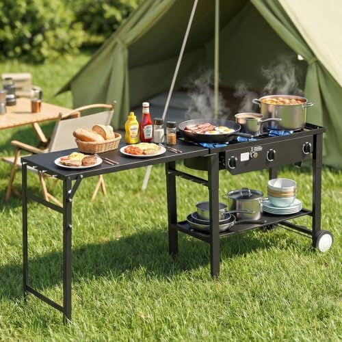 Bonnlo 3 Burner Propane Gas Stove with Work Station & Auto Ignition, 225,000 BTU Portable Camping Stove with Wheels & Regulator, Outdoor Propane Stove for Backyard Patio Cooking BBQ - Image 7