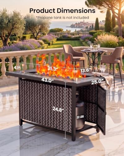 Ciays 43" Propane Fire Table, with Ceramic Top, Wind Guard, Lid, Glass Rock - Image 7