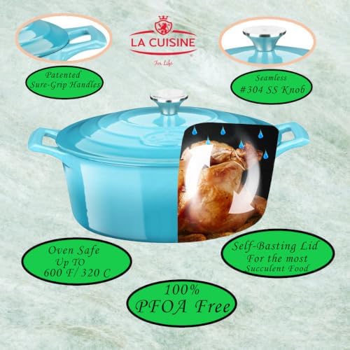La Cuisine Enameled Cast Iron Oval Dutch Oven Casserole Pot with Lid 6.75 QT Internal Matte Black Enamel Coating for bread baking For GlassTop Oven-Safe 550°F/276°C 2-ToneTeal - Image 2