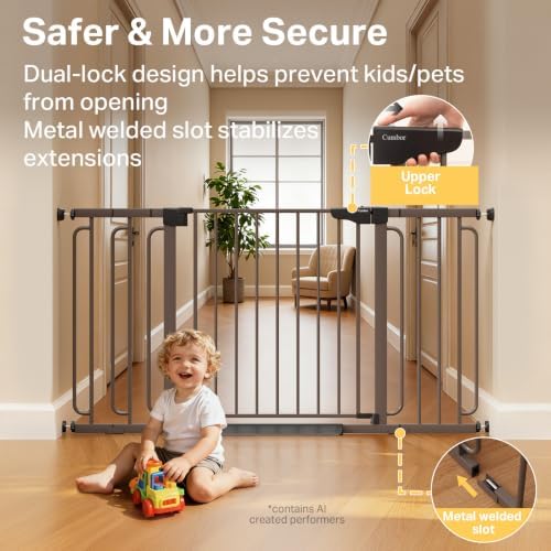 Cumbor 36.6-59" Extra Wide Baby Gate for Stairs, Auto Close Dog Gate Brown - Image 4