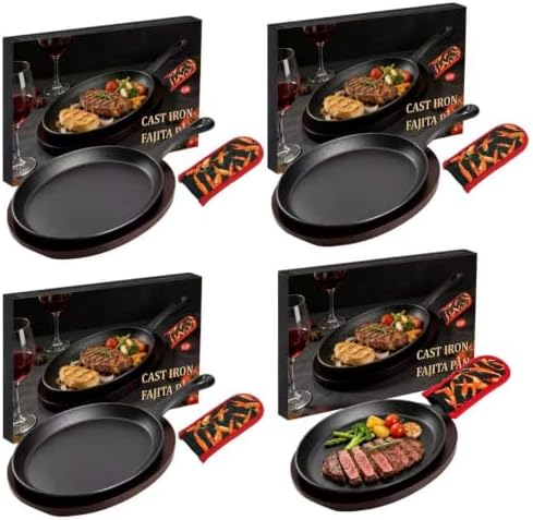 DVK Cast Iron Fajita Plate Set Pre-Seasoned Fajita Skillet with Wooden Base Anti Scald Mitt Sizzling Plate for Grill Stove Oven Home BBQ Restaurant Catering by Dvk