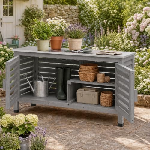 Goplus Patio Storage Cabinet, 2-Door Console Table (Gray) - Image 4