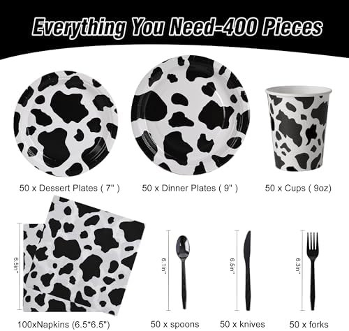 400 Pcs Disposable Black Cow Print Tableware Set for 50 Guests - Image 2