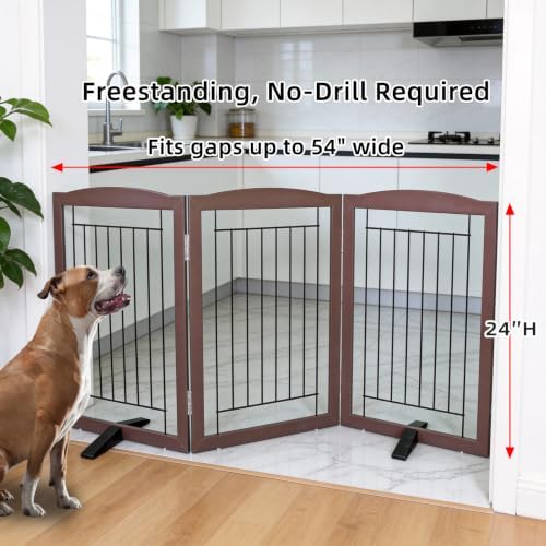 ZJSF Freestanding Dog Fence Indoor, Foldable Dog Gate for Doorways, Stairs or Hallways, Sturdy Wood Extra Wide Pet Gate with Support Feet for The House, Brown, 24 "Height-3 Panels - Image 2
