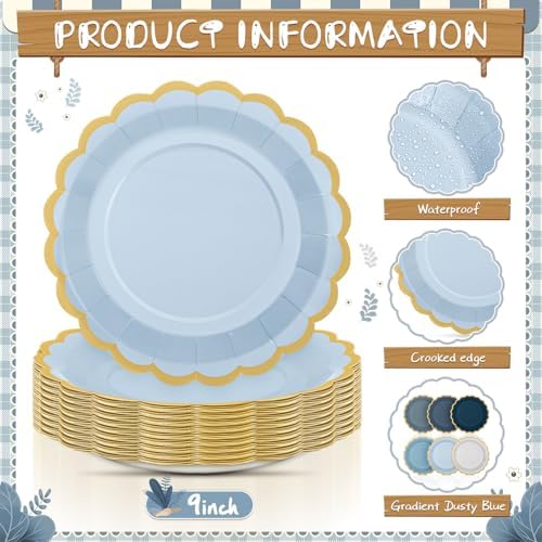 48 Pcs Dusty Blue Paper Plates 9 Inch Gradient Scalloped Paper Blue Plates Disposable Dinner Dessert for Birthday Wedding Bridal Party Supplies, 6 Colors - Image 3
