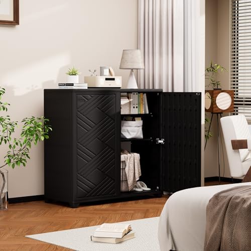 Mrosaa Outdoor/Indoor Storage Box,Resin and Plastic Storage Cabinet Waterproof,Outdoor Cabinet for Patio/Garden/Balcony/Backyard/All Room(with 2 Shelves)-Black - Image 4