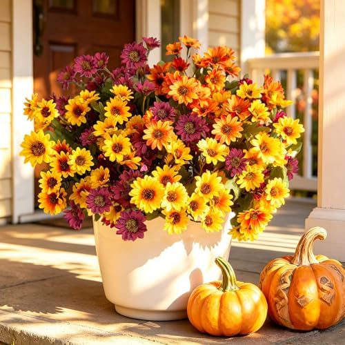 24Pcs Fake Flowers Artificial Mums for Outdoors,UV Resistant Faux Mums for Outdoor Planters Realistic Daisy No Fade Fall Flowers for Front Door Garden Patio Yard Autumn Decor - Image 2