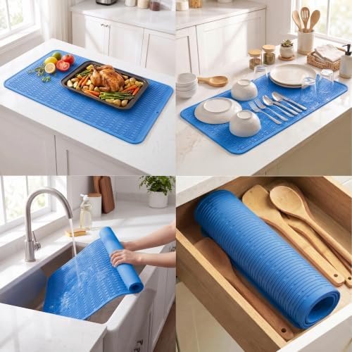MicoYang Silicone Dish Drying Mat for Multiple Usage,Easy clean,Eco-friendly,Heat-resistant Silicone Mat for Kitchen Counter or Sink,Refrigerator or Drawer Liner Lichen BlueL 5XL 36inches x 18inches - Image 4