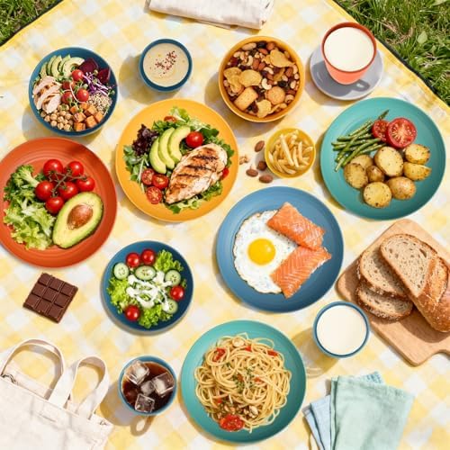 Wheat Straw Dinnerware Sets, Unbreakable Plates and Bowls Sets of 16, Kids Dinnerware Set Sevice for 4, Dishwasher & Microwave Safe Dish Set for Kitchen, Outdoor, Camping - Multi - Image 5