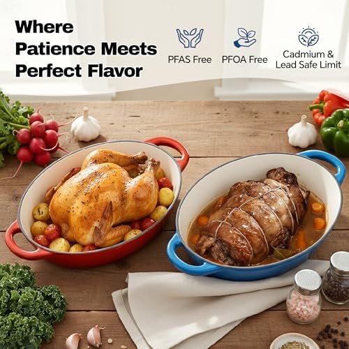 Oval Dutch Oven for Bread Baking, 4.5 Quart Non Stick Enameled Cast Iron Dutch Oven Pot with Lid, Oven Safe Oval Casserole with Lid up to 500°F for Baking, Braising, Stews, Roasting (Blue) - Image 2