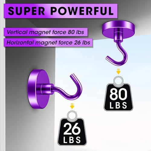 VNDUEEY Magnetic Hooks, 80 Lbs Heavy Duty Earth Magnets with Hooks for Cruise Cabin, Strong Magnetic Hooks for Hanging, Metal Magnetic Hanger for Grill, Fridge, Kitchen, Garage (Purple, Pack of 10) - Image 2