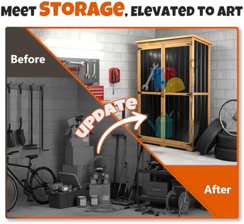 Outdoor Storage Cabinet with Shelves, Wood & Metal Storage Shed with Weatherproof Roof, 3 Removable Shelves, Lockable Doors, Adjustable Feet, Outside Storage Cabinet for Garage, Patio, Backyard - Image 2
