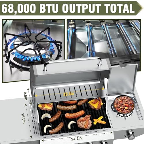 BESTFIRE 68,000 BTU 5+1 Burner Propane Grill - Stainless Steel BBQ with 647 sq in UPGRADED OIL-DRAIN Plates, Cast Iron Grates, Side Burner + FREE Food Clip for Outdoor Cooking - Image 2