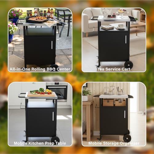 VINGLI Outdoor Grill Table Cart with Cabinet, Stainless Steel Movable Kitchen Island with Large Storage Cabinet, Multifunction Food Prep Table with Bottle Opener and Seasoning Tray, for Patio, Home - Image 6