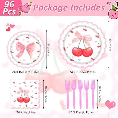 96Pcs Pink Bow Cherry Paper Plates Napkins Set for 24 Guests - Image 2