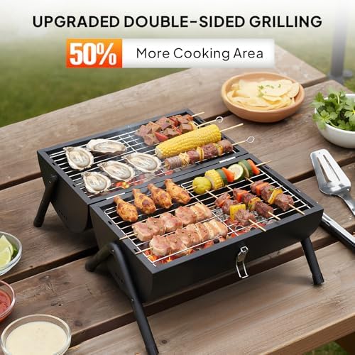 VINGLI Portable Double Sides Charcoal Grill, Wooden Handle, Storage Bag, Multi-functional Metal Compact Tabletop BBQ Outdoor Charcoal Grill for Camping Travel Picnic Patio - Image 2
