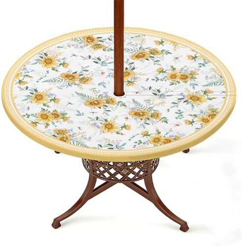 Elastic Zipper Patio Table Cover with Umbrella Hole Waterproof Polyester Outdoor Tablecloth, Windproof Fitted Round Table Cover for Picnic, Garden & Backyard by Rodvnyh