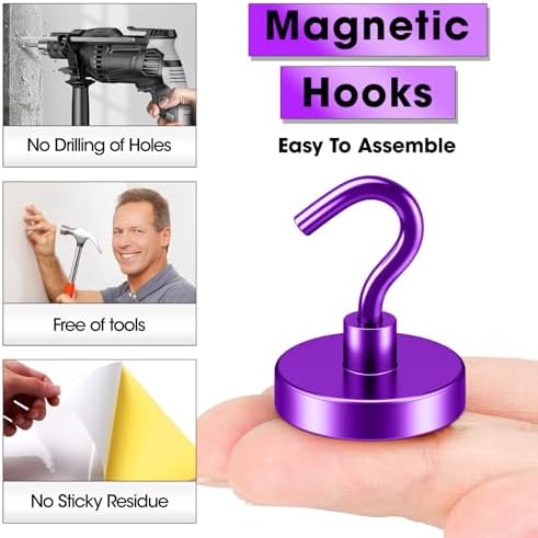 VNDUEEY Magnetic Hooks, 80 Lbs Heavy Duty Earth Magnets with Hooks for Cruise Cabin, Strong Magnetic Hooks for Hanging, Metal Magnetic Hanger for Grill, Fridge, Kitchen, Garage (Purple, Pack of 10) - Image 3
