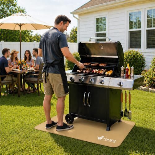 FLASLD Large Under The Grill Protective Deck and Patio Mat, 32 x 60 inches Oil-Proof, Fireproof Indoor Fireplace Mat Prevents Ember Damage Wood Floor, Khaki - Image 2