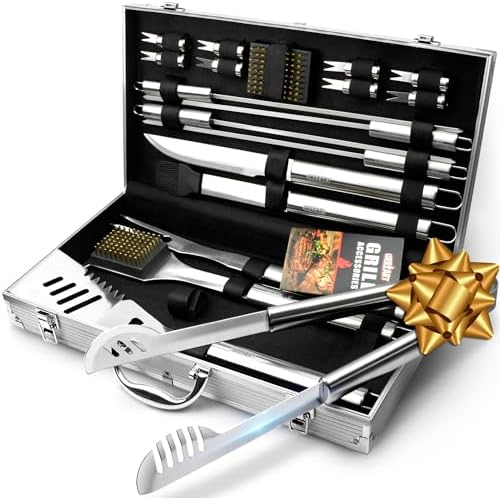 GRILLART BBQ Grill Utensil Tools Set Reinforced BBQ Tongs 19-Piece Stainless-Steel Barbecue Grilling Accessories w/Aluminum Storage Case -Complete Outdoor Grill Kit for Dad, Birthday Gift for Man Dad by GRILLART