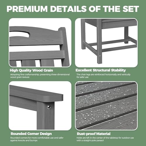 HDPE Outdoor Dining Set, Patio Table and 6 Chairs, 2" Umbrella Hole, Grey - Image 6